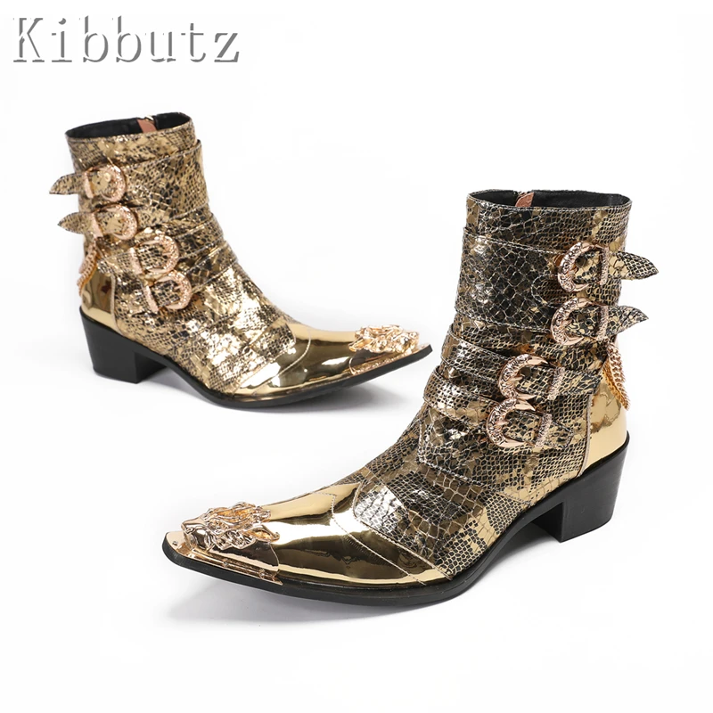 Luxury Design Metal Pointed Toe Men Boots Golden Genuine Leather Buckle High Heels Chelsea Boots Nightclub Party Dress Shoes