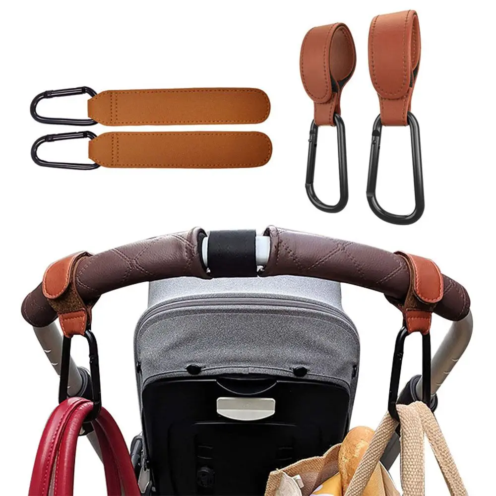 

Portable Hanging Bags PU Leather Aluminum Alloy Carabiner Stroller Hooks Clips Cart Organizer Pram Hook Baby Bag Stroller Hook