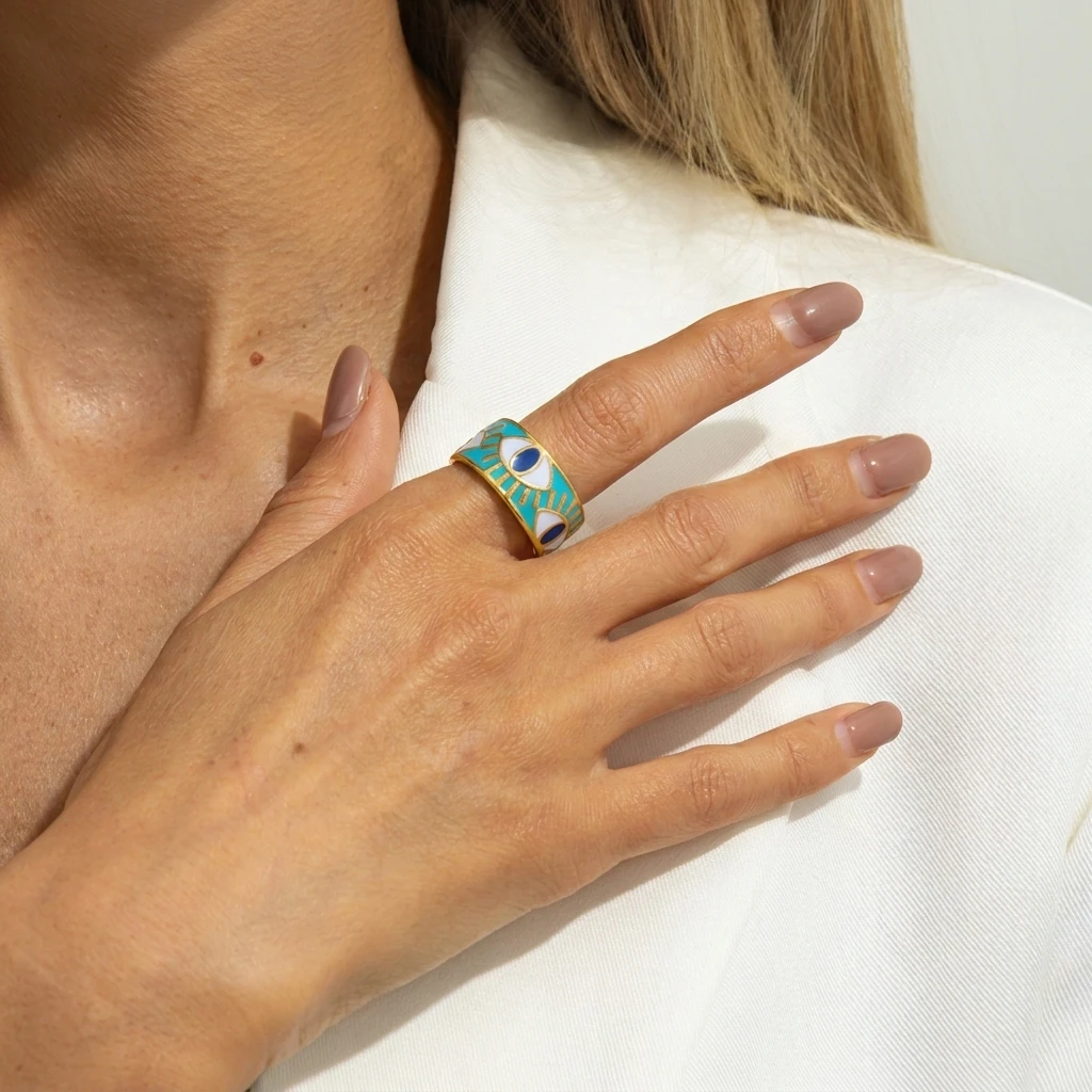 Glücksbringer Blaues Auge Offene Ringe für Damen und Herren Exquisiter Edelstahl Goldfarben Naturstein-Ring Ästhetischer Party-Schmuck