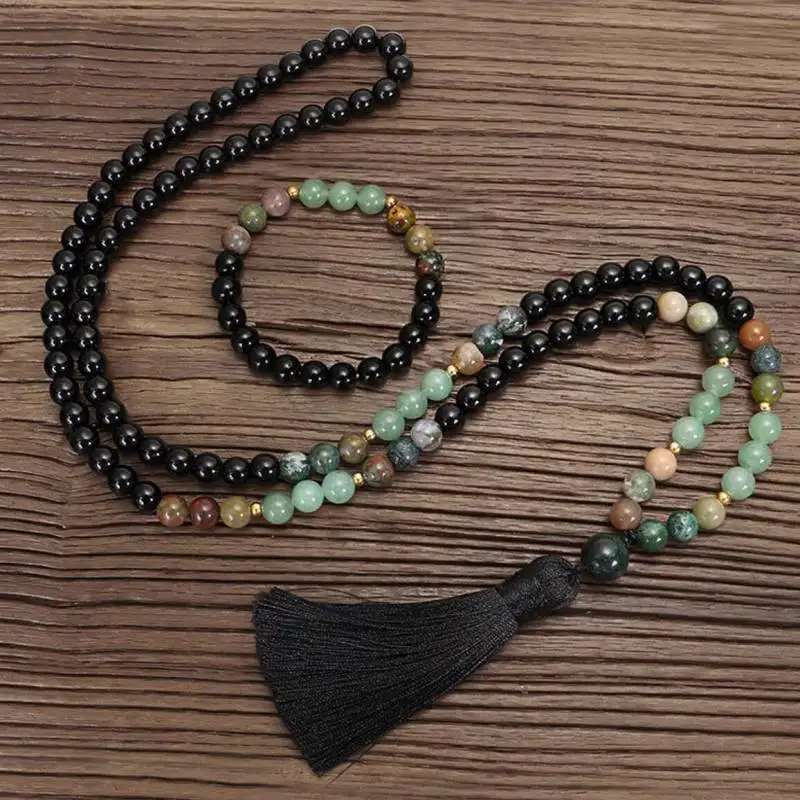 

Natural Black Onyx 108 Beads Mala Necklace Set with Green Aventurine Accent & Black Tassel Spiritual Meditation Jewelry