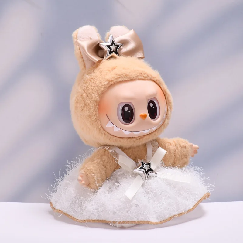 Labubu Doll Clothes White and Black Starry Furry Dress 15/17cm Plush Doll'S Clothes Replacement Sitting Party Accessories