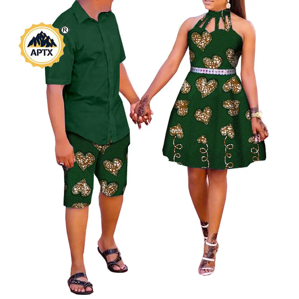 Summer Casual African Couple Clothes Dashiki Knee-Length Print Dresses for Women Matching Men Ankara Half Pants Bazin A72C02