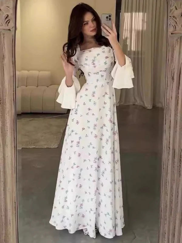 เดรสยาวเอวสูงทรงเข้ารูปพิมพ์ลายดอกไม้สำหรับผู้หญิงแฟชั่นฤดูร้อน แขนกระดิ่ง ทรงเข้ารูป ช่วยกระชับเอว