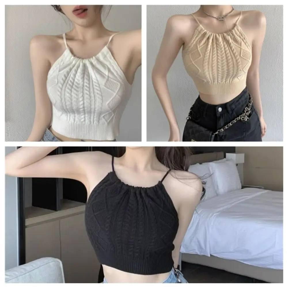 Camiseta sin mangas de fibra de poliéster para mujer, Top Sexy de punto sin mangas con tirantes y cuello colgante