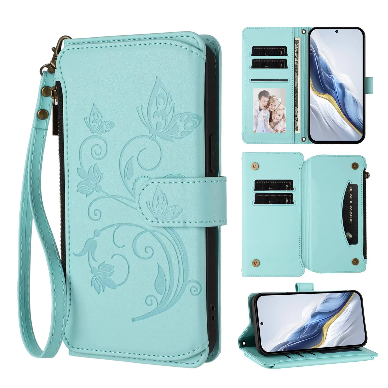 

For Google Pixel 9 Pro XL 9A 8 7 6 Pro 5A 4A 5G Case, Flower Wallet Flip Case RFID Blocking, Zipper, Card Slots, Wrist Strap