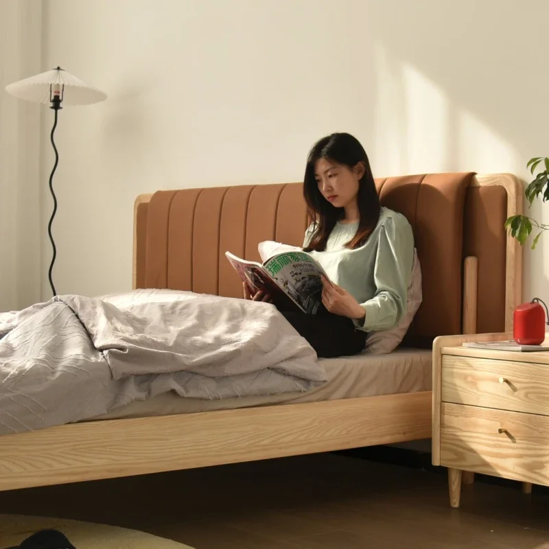 Ash wood solid wood soft bed Japanese cream wind simple high backrest bedroom 1.8 meters 1.5 meters large bed