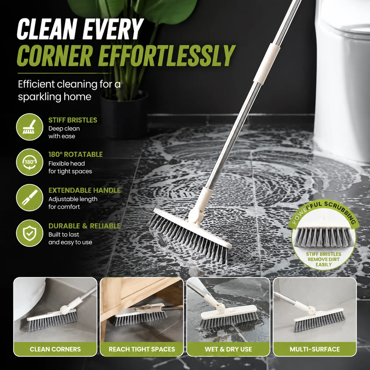 1pc Bathroom Floor Brush For Hotel, Hard Bristle Scrub Brush, Long Handle Bathroom Tub And Tile Cleaning Brush, Without Dead End