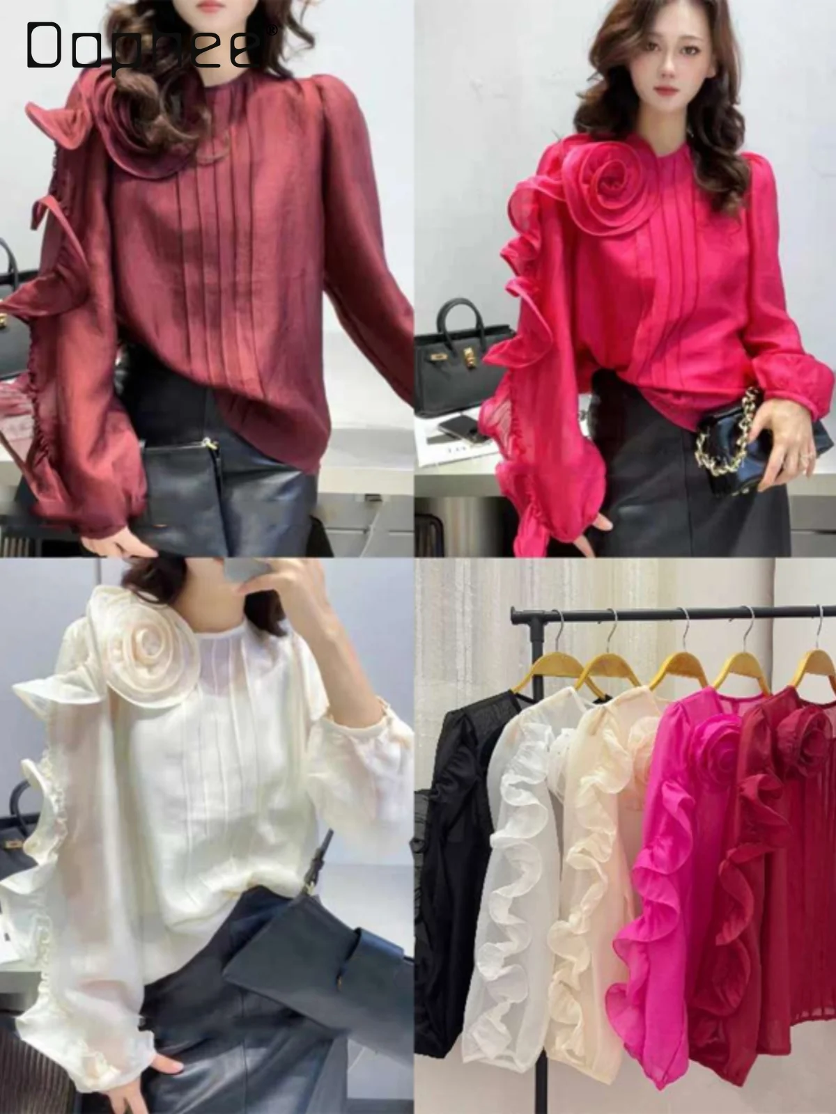 Elegancka damska koszula z długim rękawem, wiosenna, nowa europejska moda, francuska, luksusowa, trójwymiarowe kwiaty, luźna, wyszczuplająca koszula.