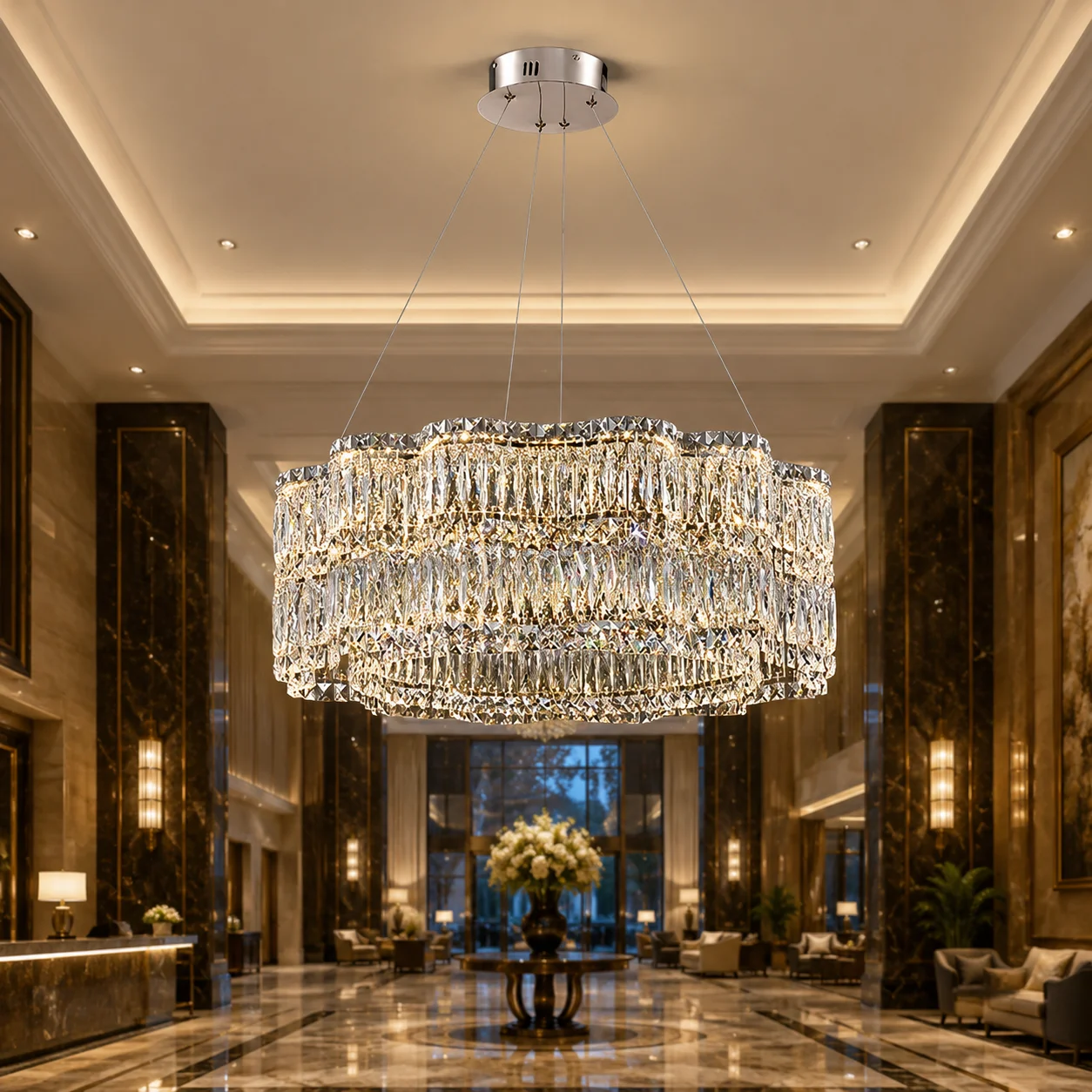 Lustre en cristal de luxe de grande taille, luminaire suspendu LED rond moderne en cristal K9, lampe de plafond suspendue pour hall d'hôtel, salon, salle à manger, villa, couloir, luminaire décoratif intérieur européen élégant, décoration intérieure, suspension réglable, blanc chaud