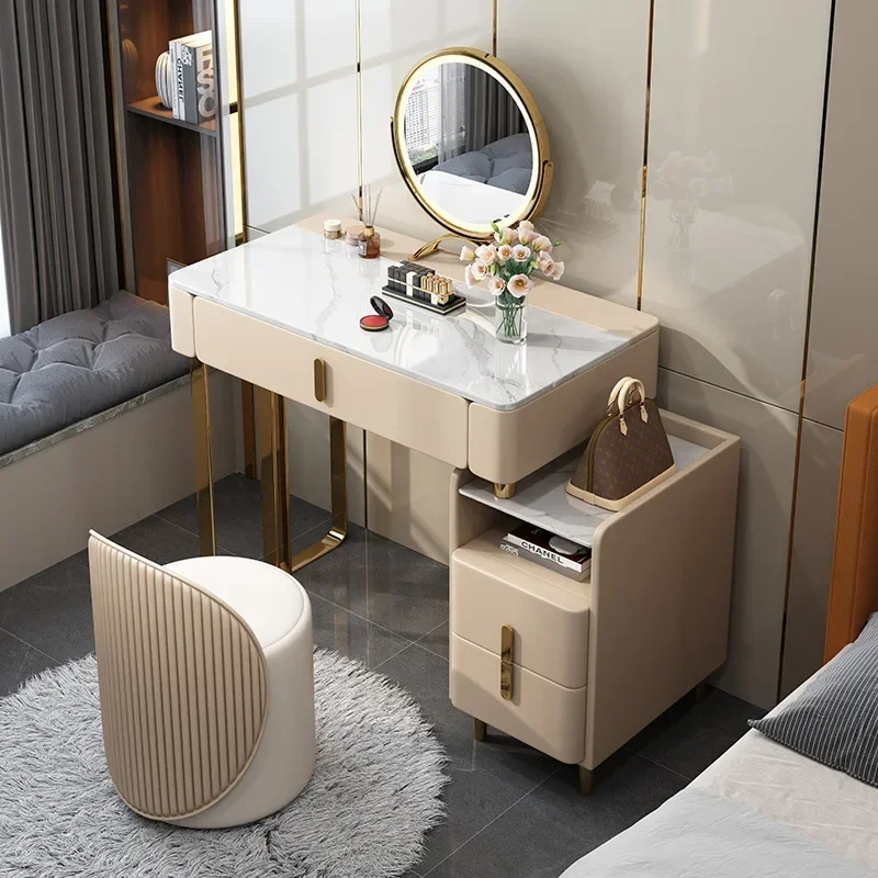 Luxury Storage Light Vanity Table Organizer Mirror Stool White Dressing Table Cabinets Makeup Comoda Pra Quarto Home Furniture