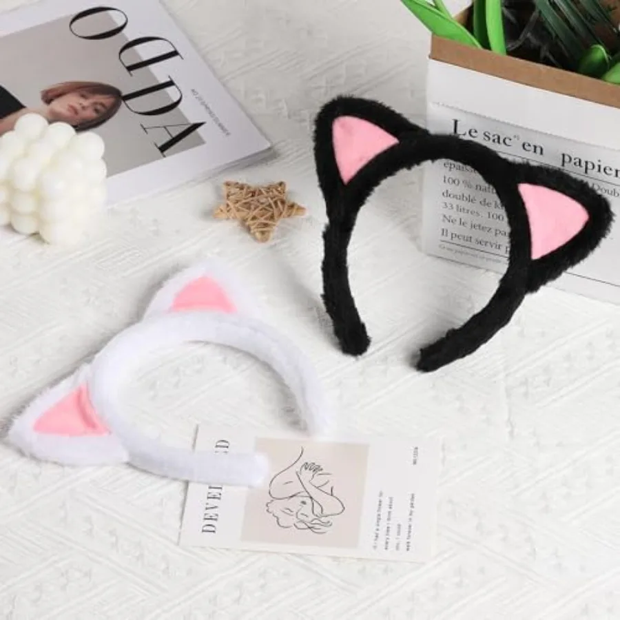 Halloween Cat Ear Headbands, Cute Fuzzy Cat Washing Face Makeup Head Band, Plush Soft Hairband, Cosplay, Women Spa Yoga view 4