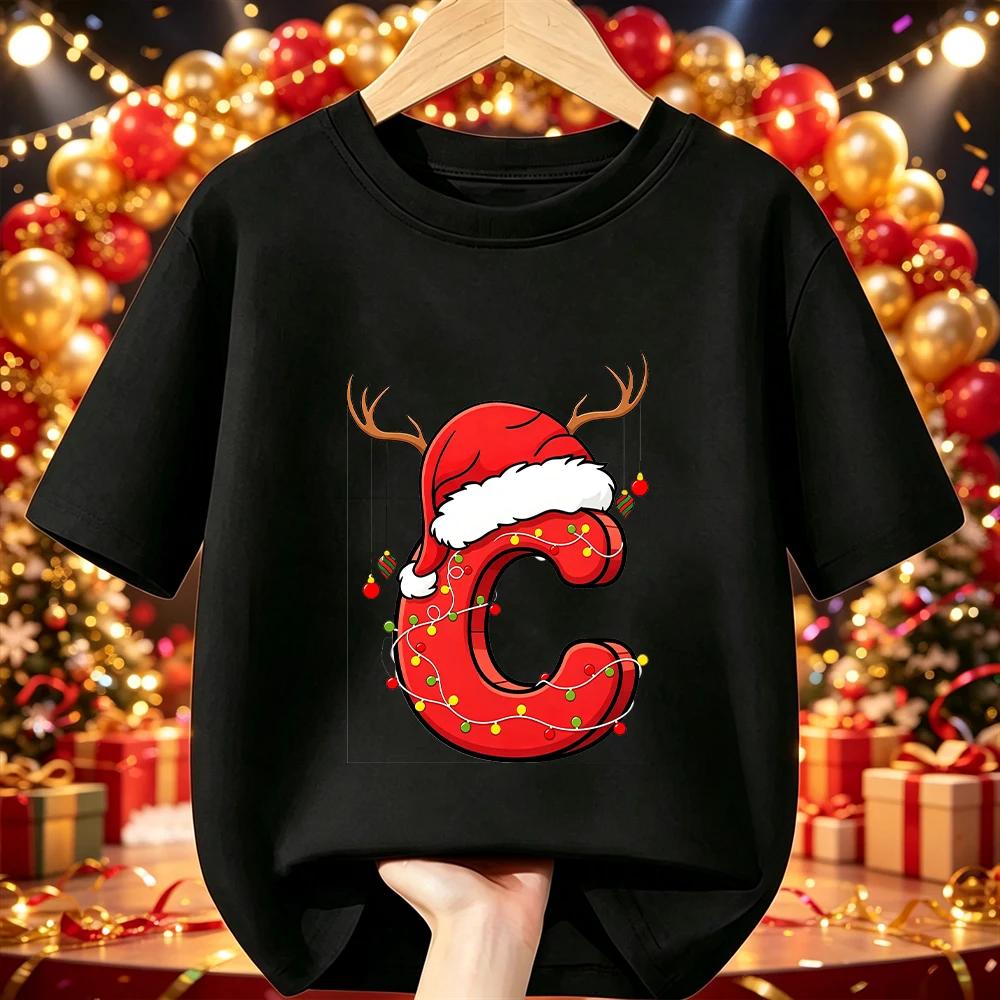 Baumwoll-Kinder-Weihnachts-T-Shirt mit Cartoon-Weihnachtsmann, Rentiergeweih, Lichterkette, A-Z-Druck, Kurzarm, O-Ausschnitt, Weihnachtsfeier-T-Shirt, Kinderbekleidung – Detail 5