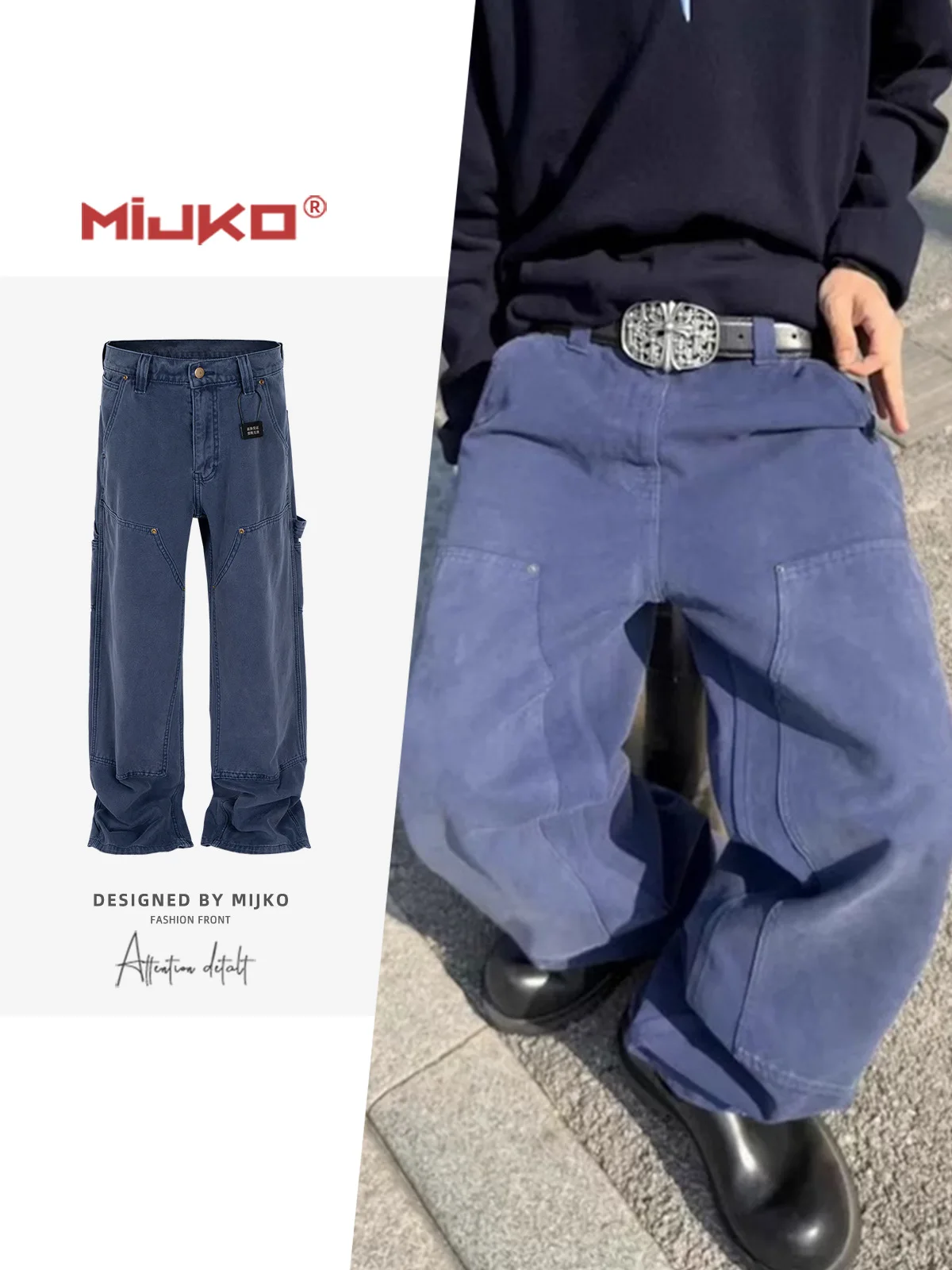 

MIJKO Blue Workwear Thigh Patch Jeans Men's New Woodcutter Rivet Straight Denim Pants American Retro Cotton Cargo Jeans ZJ075
