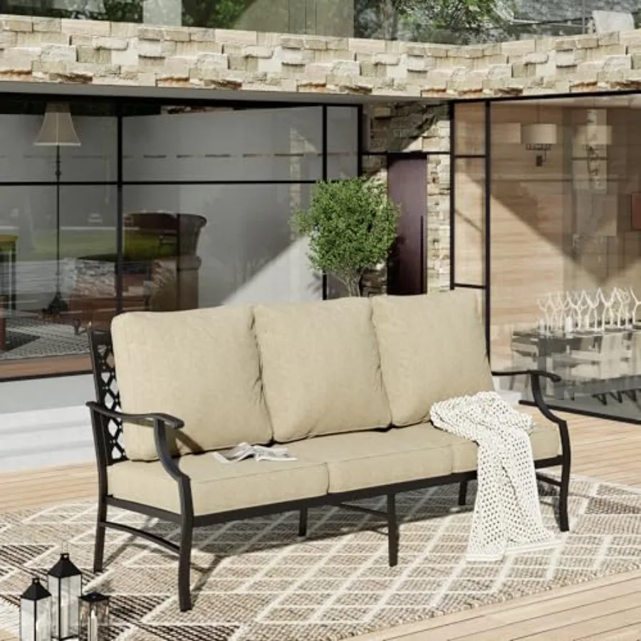 

Садовый диван-софа всепогодный, 3-местный, с глубоким сиденьем и подушками из олефина, бежевый, для газона, сада, двора