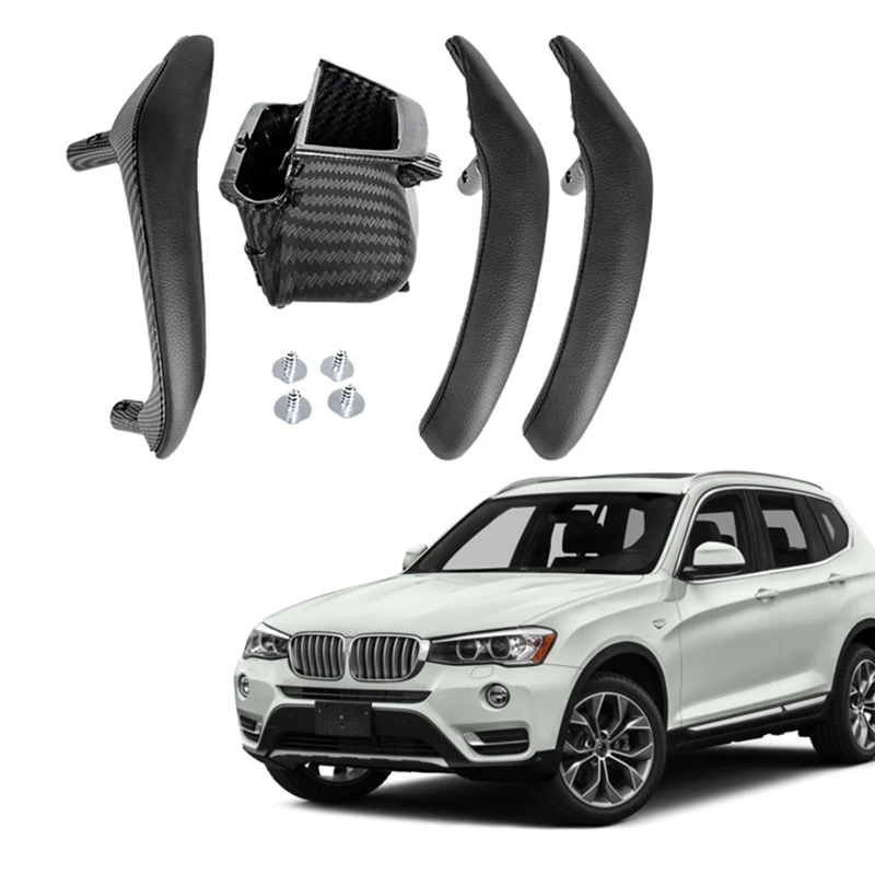 

4Pcs Carbon Fiber Car Inner Leather Door Handle Trim Pull Grab Panel Handle For BMW X3 X4 F25 F26 2010-2016 LHD