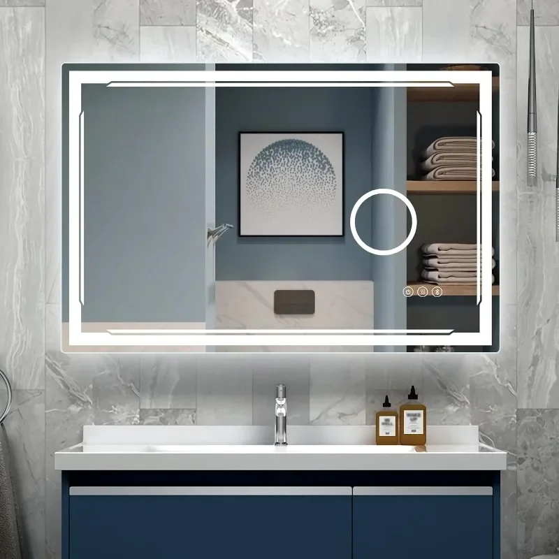 48''x30'' LED Bathroom Mirror with Built-in Bluetooth Speaker and 3X Magnifier - Smart Lighted Vanity Makeup Wall Mounted