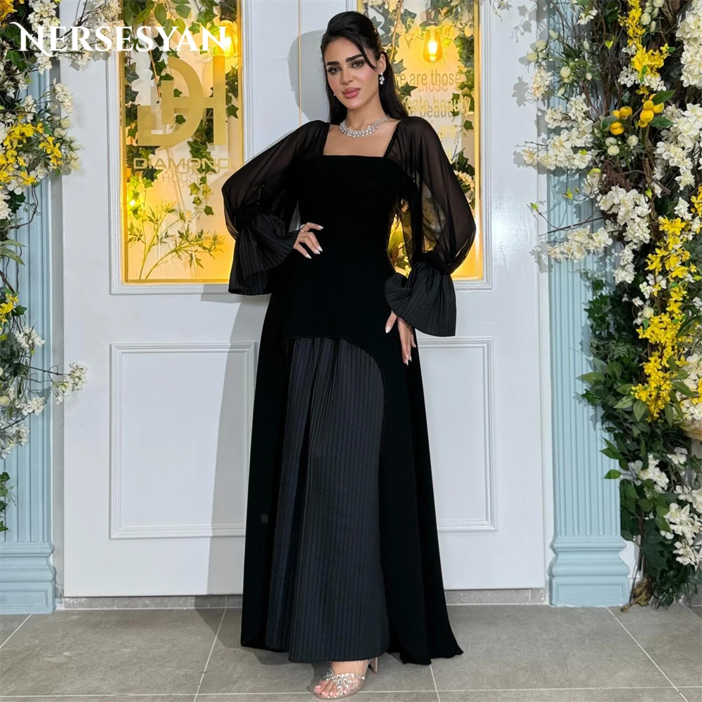 

Nersesyan Elegant Black Formal Evening Dresses Square Collar Puff Sleeves A-Line Pleats Prom Dress Dubai Saudi Party Gowns Solid