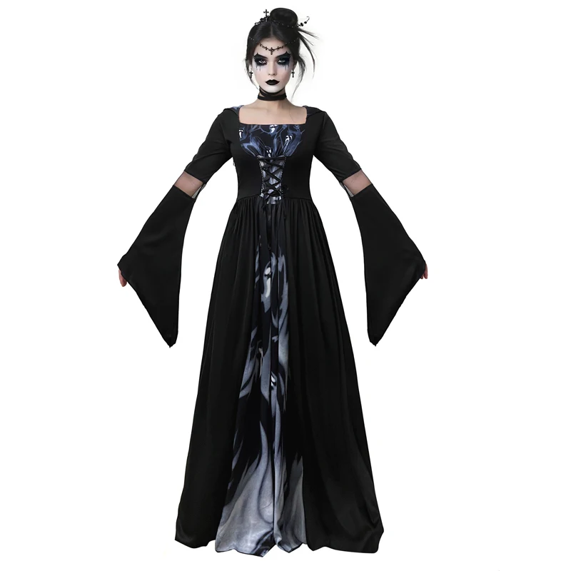 Disfraz de vampiro malvado para mujer, traje de bruja de condesa Medieval espeluznante, disfraz de carnaval, vestido de fiesta elegante de Halloween