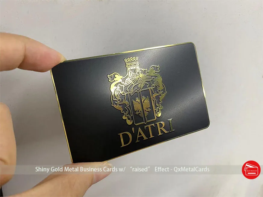 

Plated Shiny Gold Metal Cards With Etch Engraved Surface Embossed Raised Logo Screen Printing Matte Black Color