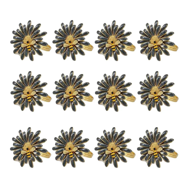 12Pcs Hotel Tableware Bee Flower Napkin Buckle Napkin Ring Chinese Alloy Daisy Napkin Ring-Gray