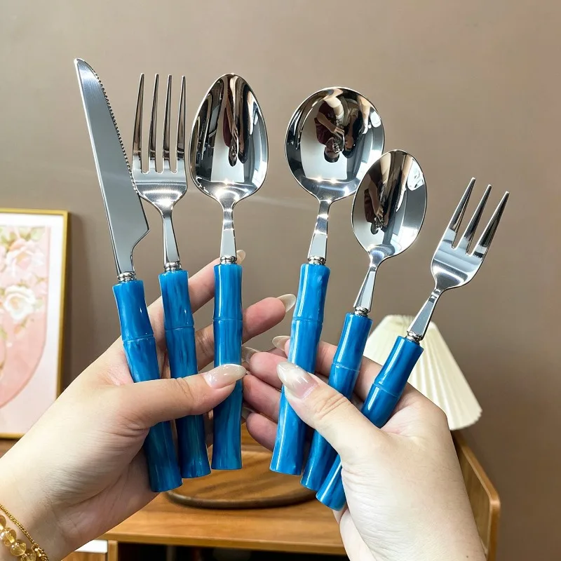 304 Stainless Steel Luxury Retro Pearlescent Bamboo Handle Cutlery Set High Aesthetic Western Dinner Fork Spoon Tableware Kit