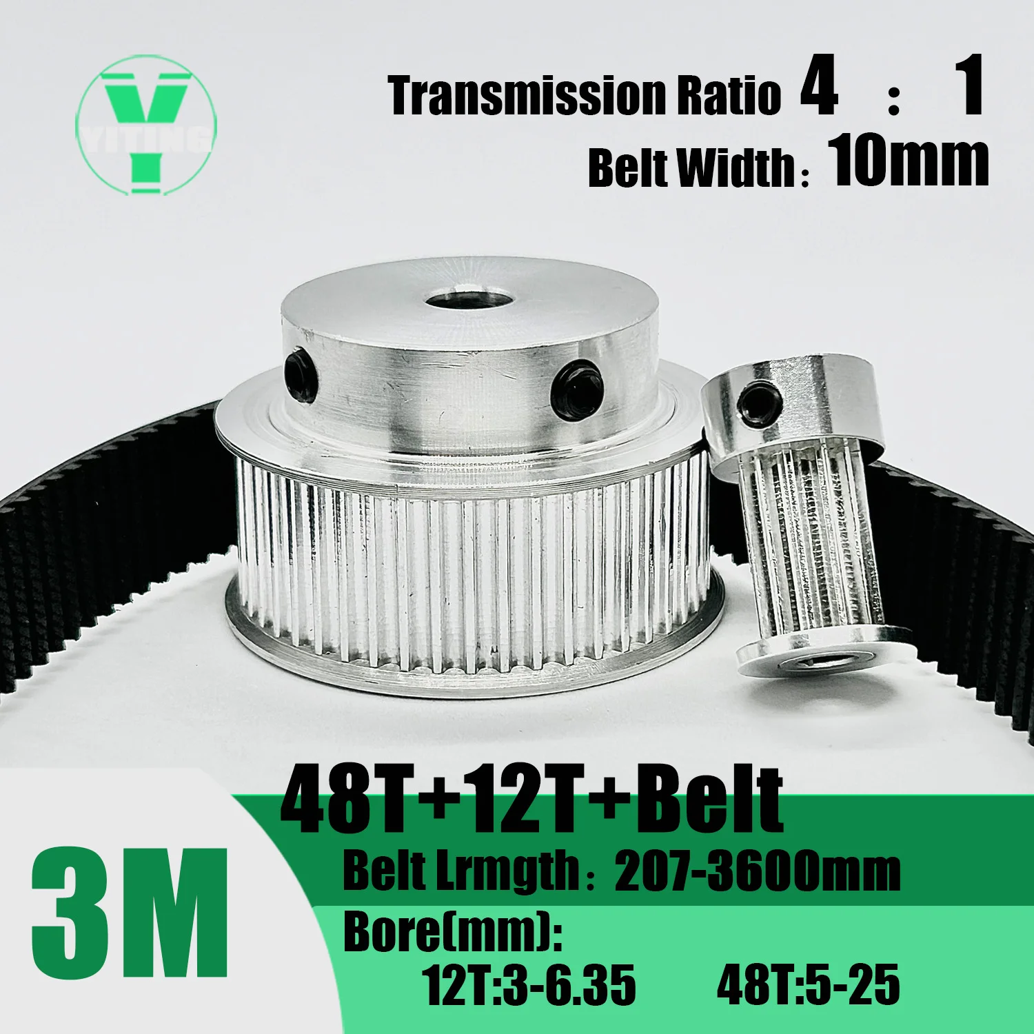 HTD3M 12T 48T 48Teeth 12Teeth Timing Pulley Belt Set Belt Width 10mm Bore 3~25mm Reduction 4:1 3M Pulley Kit Synchronous Wheel