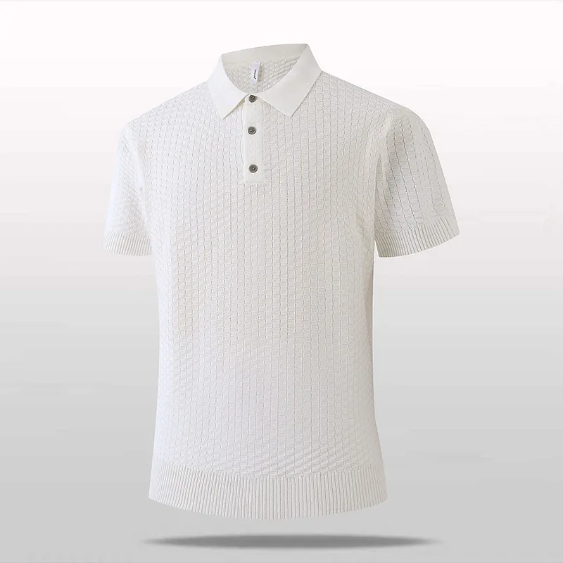 Men's Textured Check Knit Polo Shirt Short Sleeve Turn Down Collar Ribbed Cuff & Hem Casual Business Breathable Summer Top