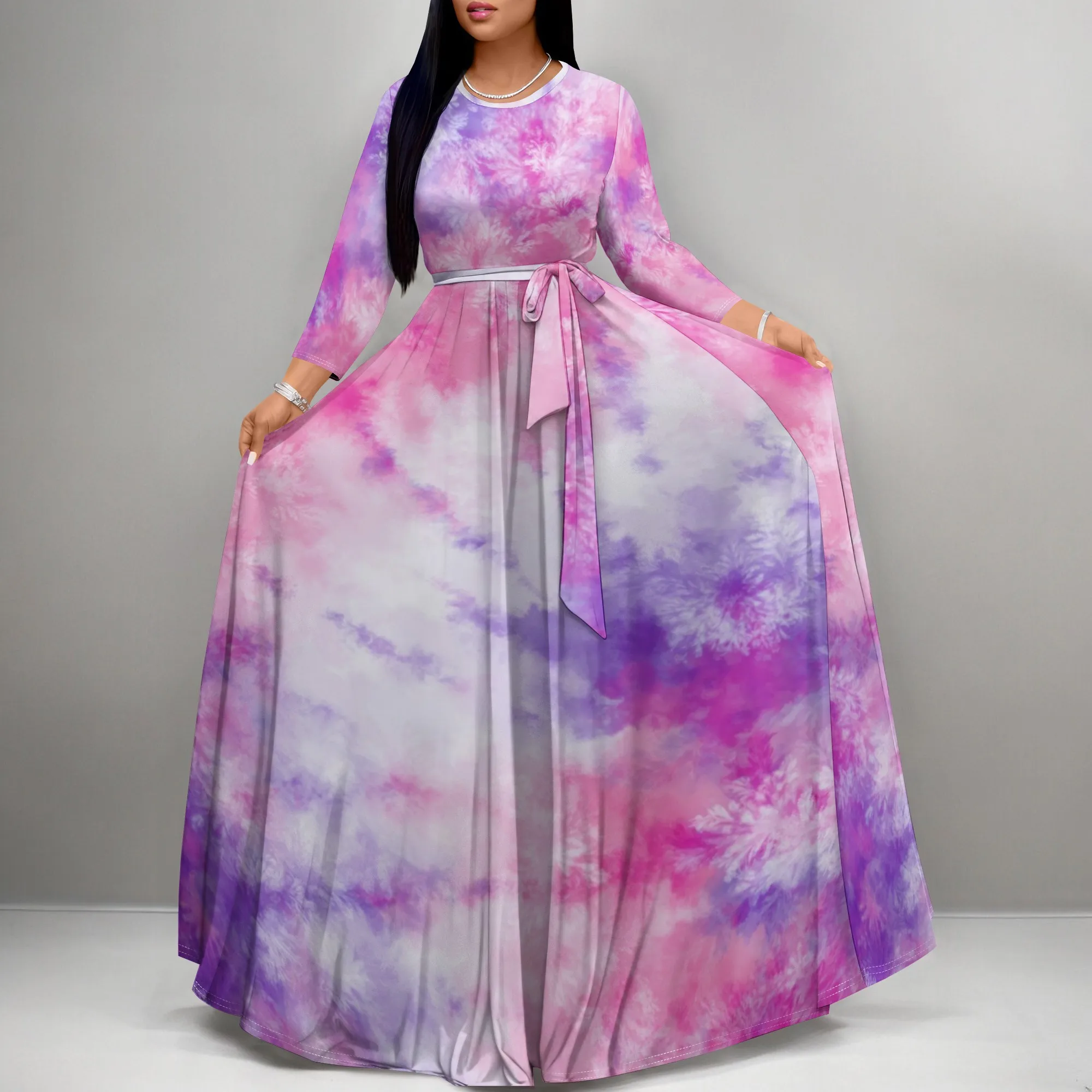 

Rainbow Galaxy Maxi Dress Women Long Sleeve Tie Waist Gradient Evening Party Gown Spring Summer Holiday Outfit XS-3XL