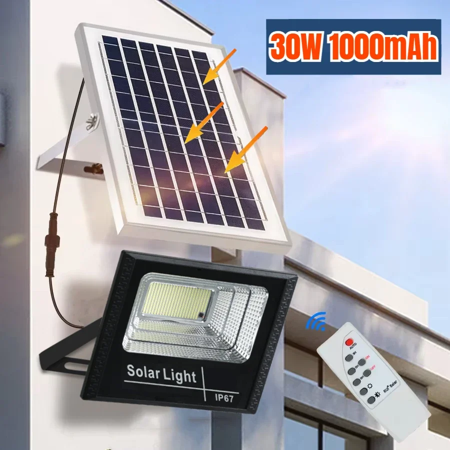 Foco LED de 30W con energía Solar, luces de inundación solares para exteriores IP67, lámparas de pared solares de calle impermeables para jardín con Control remoto