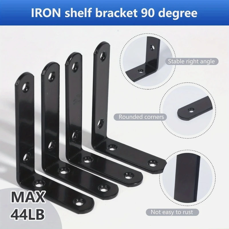 4pcs Black Metal L Shelf Bracket Heavy Duty Corner Support Rustproof Wall Mount Floating Shelf Decor Industrial Hardware