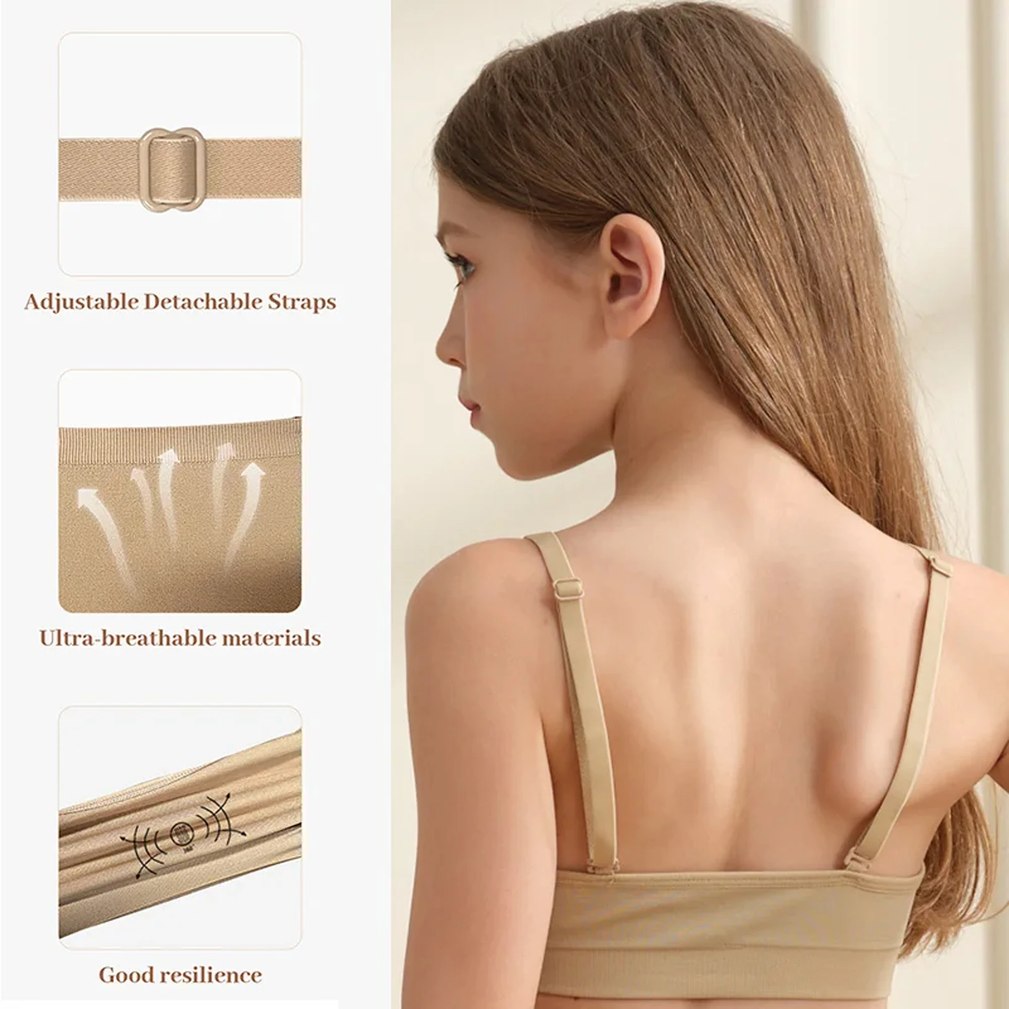 

Бюстгальтеры для балета и танцев для девочек, бесшовные беспроводные эластичные бюстгальтеры, регулируемые сменные прозрачные бретели, съемная губка/силиконовая подкладка на грудь ﻿