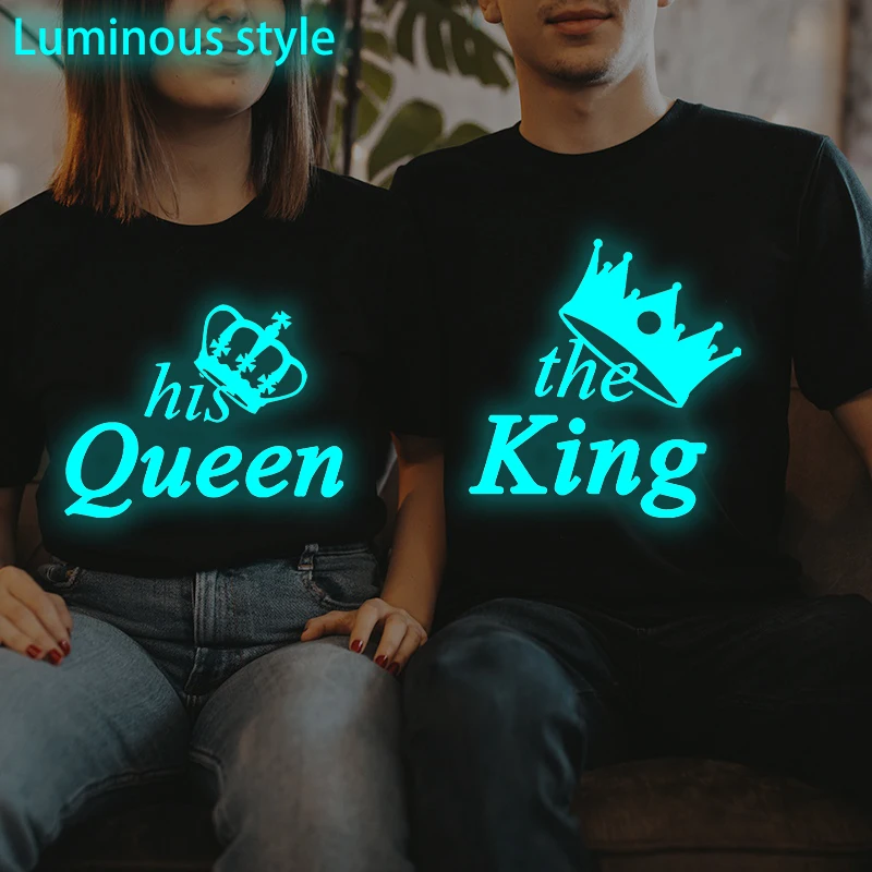 

The King His Queen Print T Shirt Fashion Anniversary Gifts Women Men Vintage Crown Luminous Style Couple Y2K Tops T-shirts