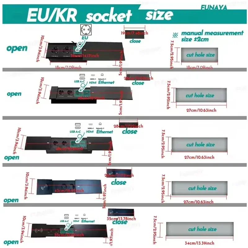 Table Hidden Socket Embedded 2 3 Outlets with 2 USB RJ45 CAT6 Wireless Charge EU KR Multi Plug 10A 110~250V 2600W Black Socket
