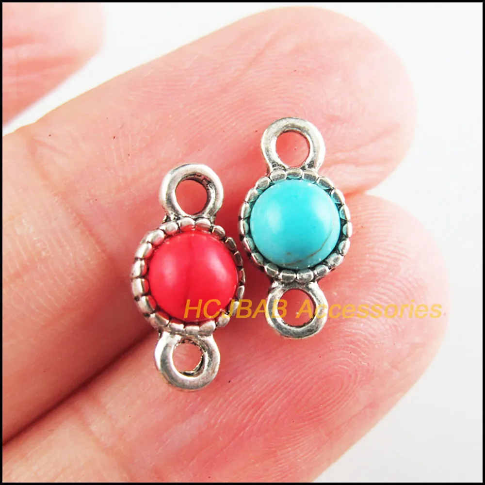 20Pcs Tibetan Silver Tone Flower Red & Blue Stone Round Charms Connectors 7x13.5mm