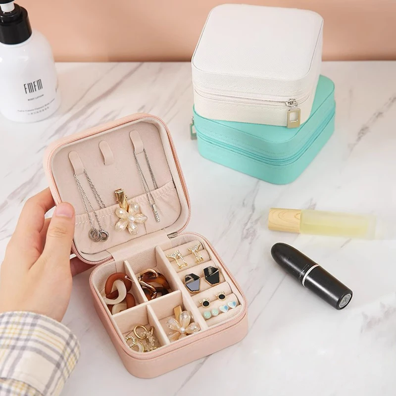 Mini Jewelry Storage Box Portable Family Travel Earrings Necklace Travel Box Female Ring Organizer PU Leather Zipper Flip Cover