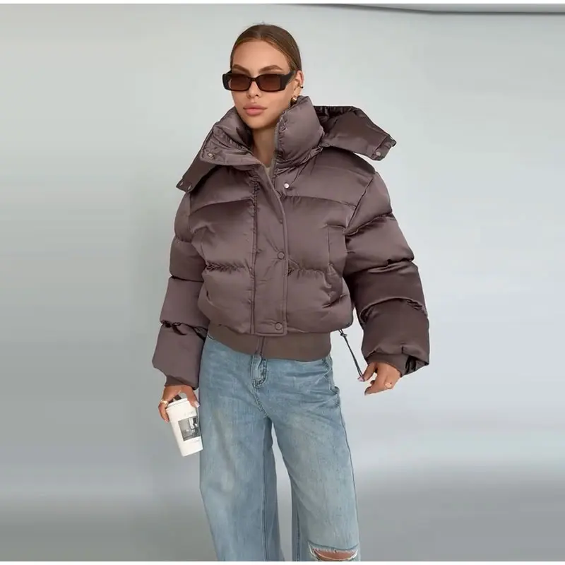  Fashion Solid Cropped Padded Coats Women Detachable Hood Zip Drawstring Hem Warm Jacket 2026 Winter New Lady Casual Outerwear