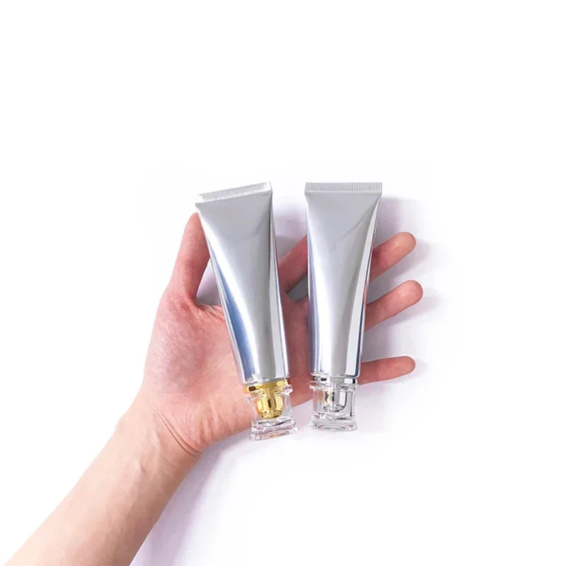 

50g Empty Cosmetic Container Silver Aluminum Plastic Squeeze Bottle 50ml Facial Cleanser Lotion Cream Refillable Soft Tube