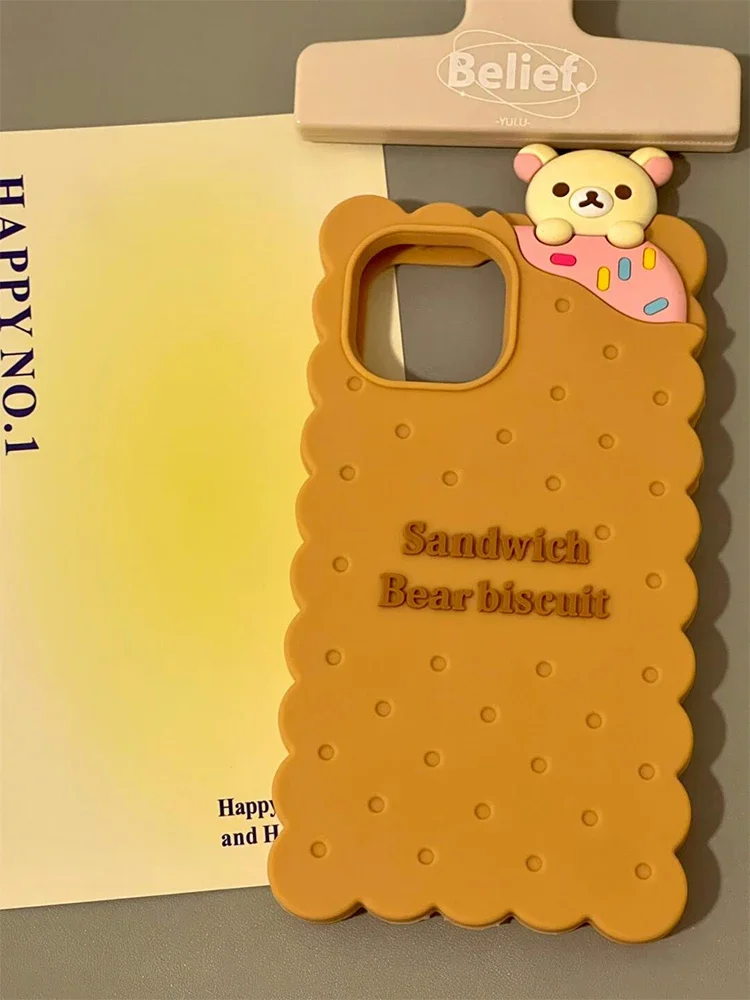 Cute Funny Rilakkuma Bear Biscuit Case for IPhone 16 15 14 13 12 11 Pro Max Soft Silicone Shockproof Coque Fashion Protect Cover