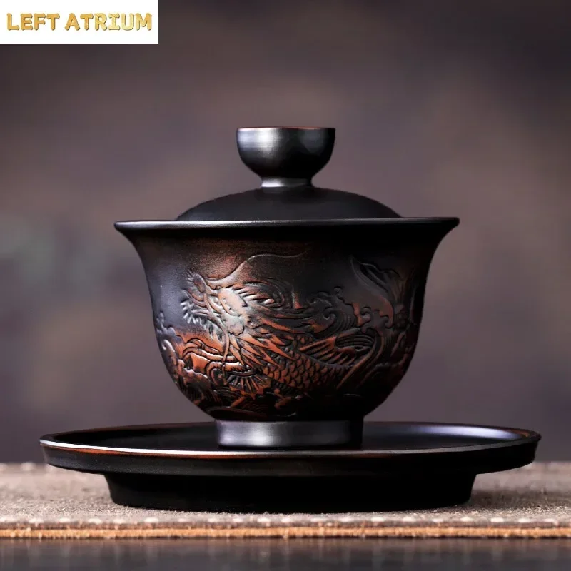 180ml Jianshui Clay Purple Pottery Vintage Gaiwan Ceramic Process Carving Tea Tureen Pigmented Kung Fu Drinkware Tea Bowl