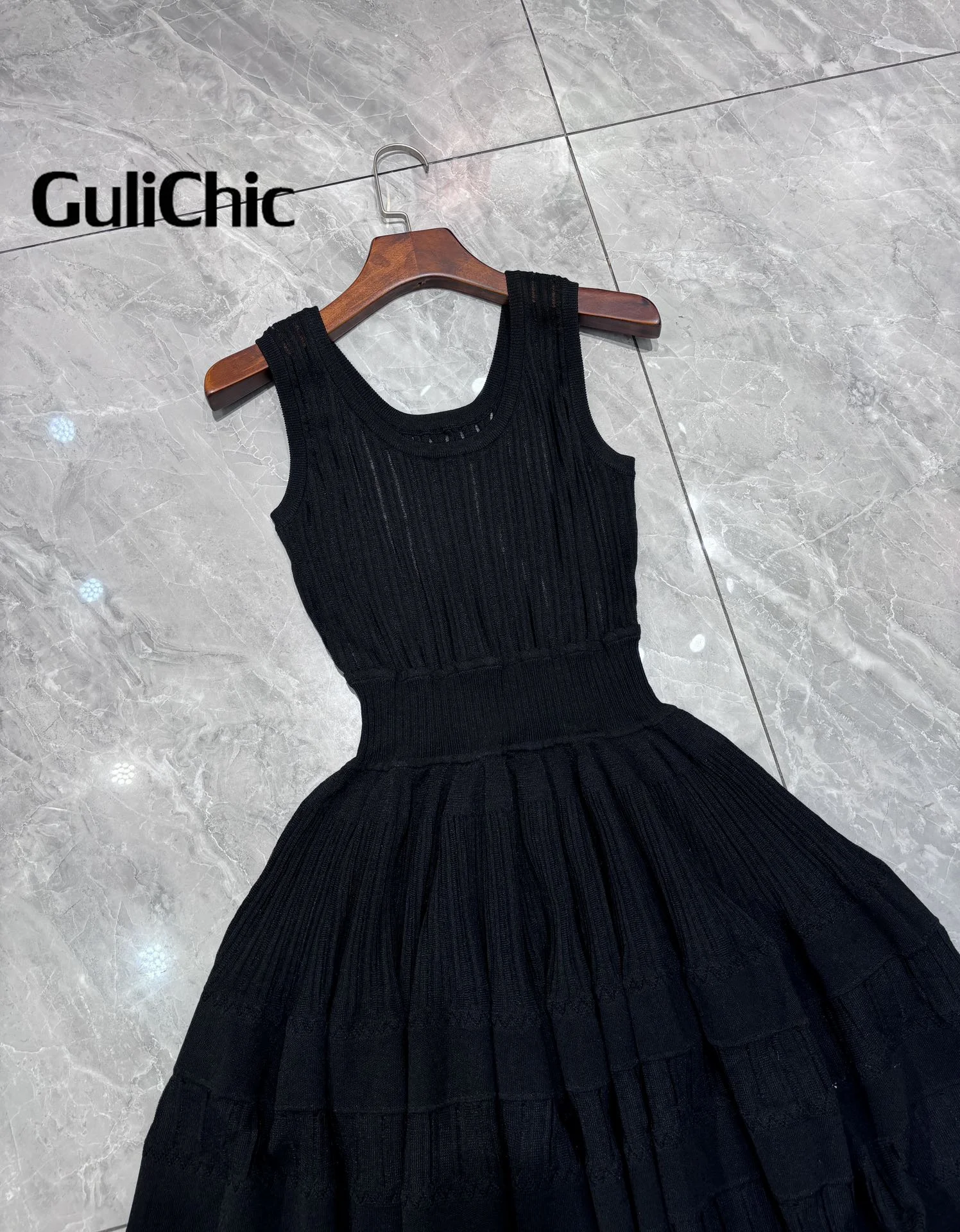 5.11 GuliChic 2024 New Arrives Women\'s Sweet Fashion Openwork Crinoline U-Neck Sleeveless High Waist Slim Elegant Mini Dress