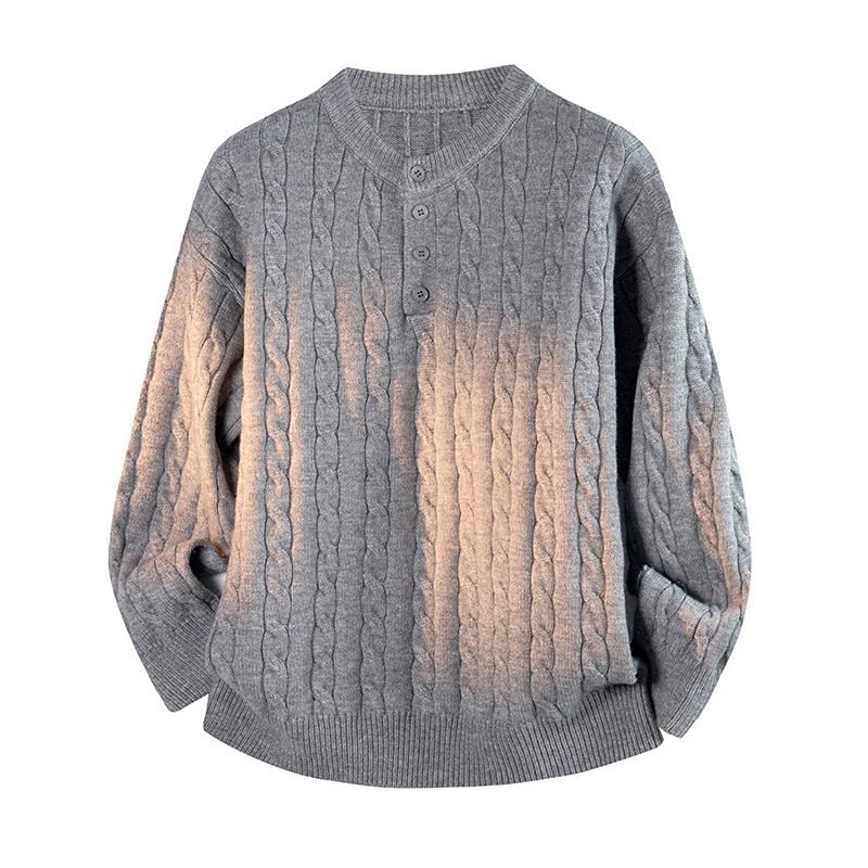 Grey Thick Thread Henry Neck Sweater for Men's Autumn Fashion Brand Lazy Fried Dough Twists Knits