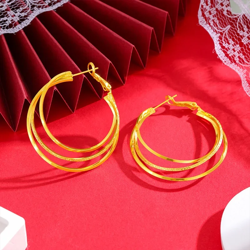 Luxury 24K 9999 Pure Gold real gold Multi-layer Ear Ring Fashion Elegant Ring Earrings Women's Ear Buckle