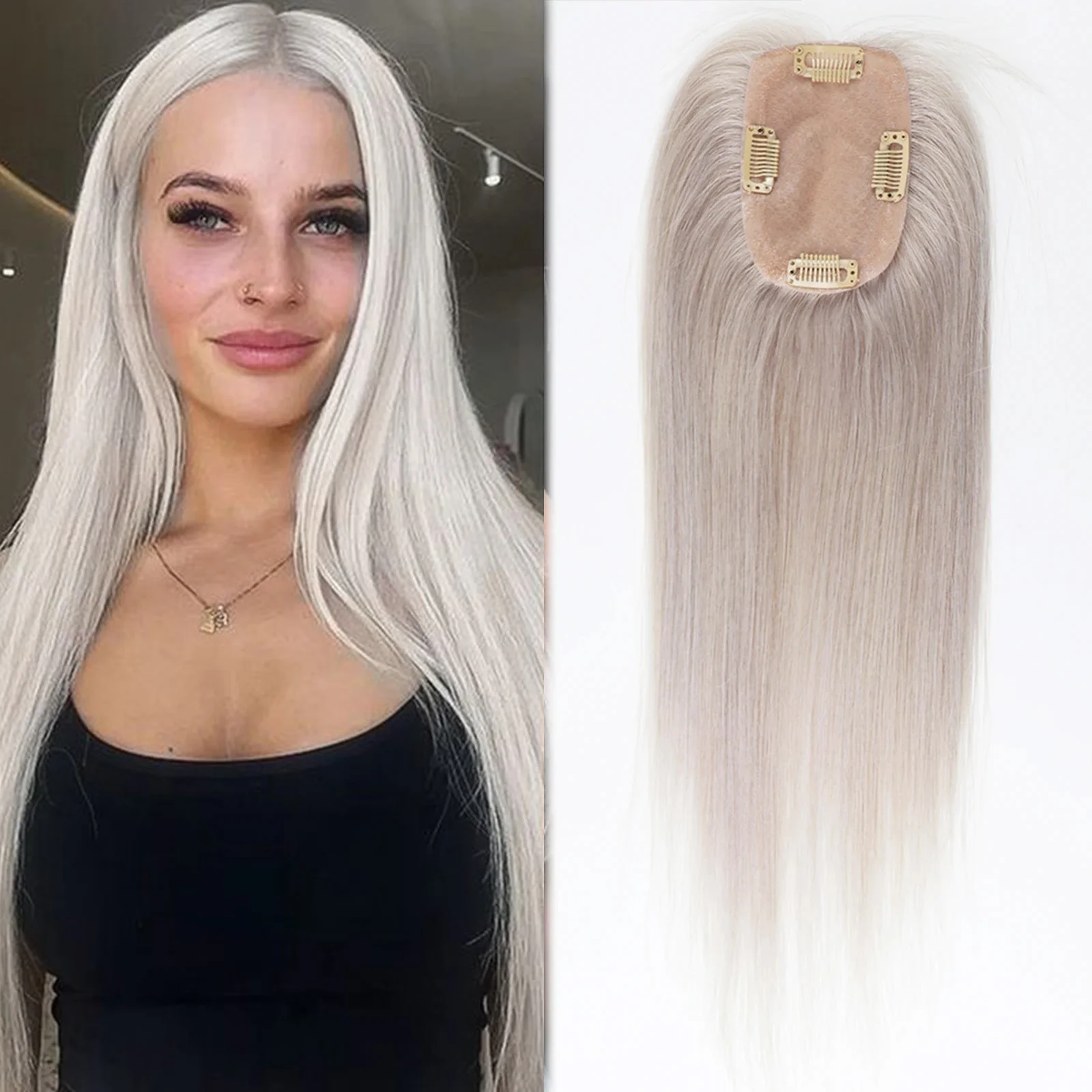 

8x12cm Silk Skin Base Topper with Clips #60 Platinum Blonde Real Virgin European Human Hair for Women Silk Top Hairpieces