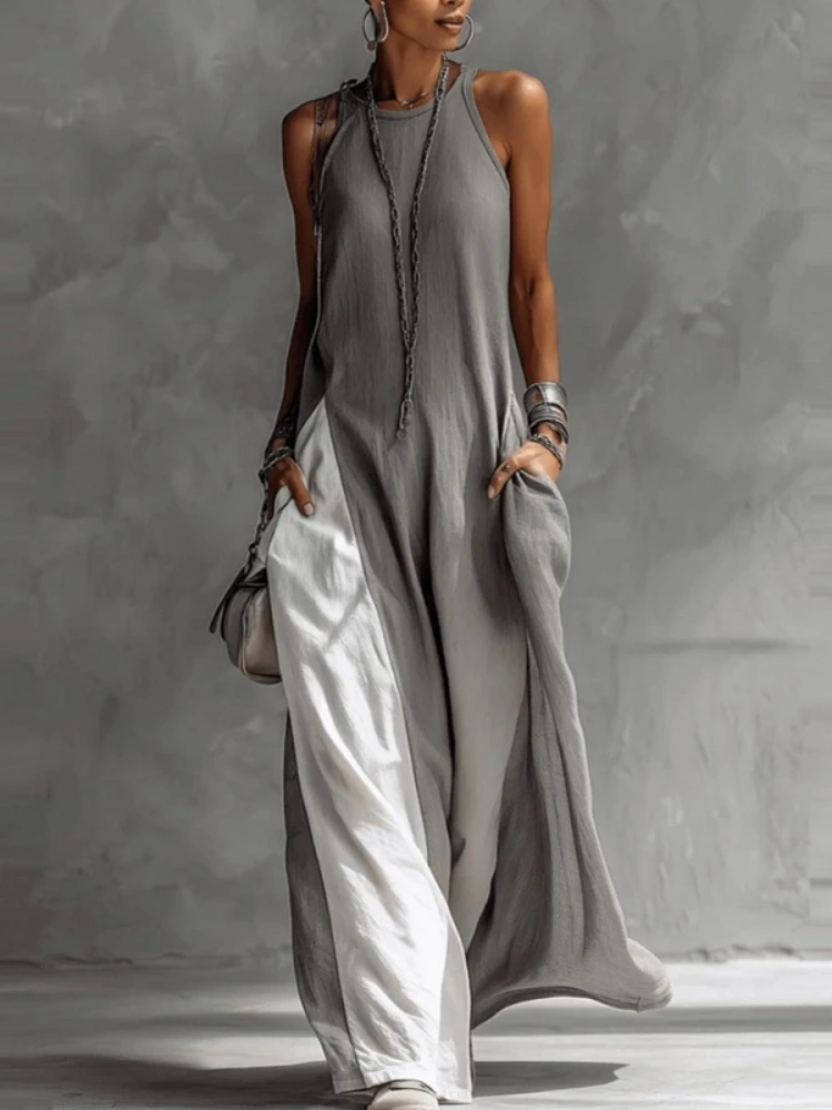 Women Strappy Maxi Dress Vest Type Color Block Summer Beach Dress Loose Casual Halter Neck Pocket Long Dresses Boho Vestidos