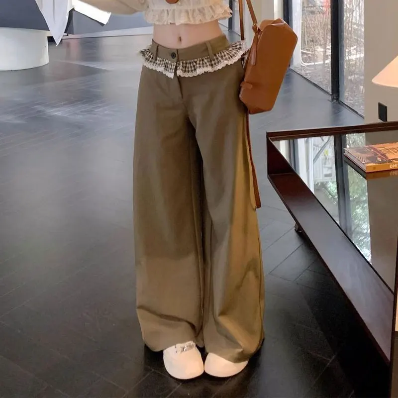 Women Khaki High Waist Wide Leg Straight Pants Gingham Lace Ruffle Waist Trim Spring Autumn Loose Floor Length Casual Trousers