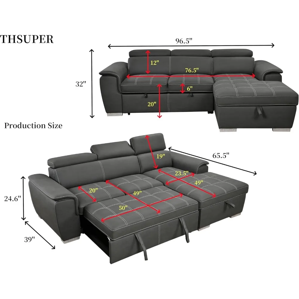 Microfiber L-Shaped Sectional Sleeper Sofa with Pull-Out Bed, 4-Seater Couch with Adjustable Headrests and Storage Chaise