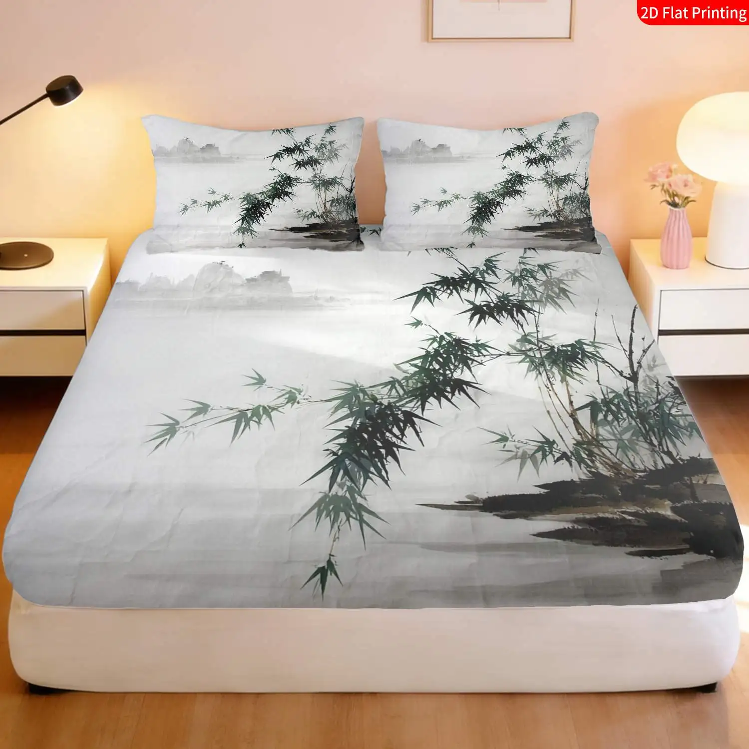 3-Piece Mattress Protector Set, 2D Flat Printed Fitted Sheet, Bamboo Mountain Theme Fitted Sheet and Pillowcase, White Ink Watercolor Print, Home Bedroom Decoration, Holiday-Themed Fitted Sheet and Pillowcase, Mattress Protector, Stain-Resistant, Mattress Cover Suitable for All Seasons, Machine Washable, Easy to Care For, Suitable for Home Bedroom, Essential for Dormitories and Rentals, Master Bedroom and Guest Room Decoration, Dust-Proof and Stain-Resistant, High Elasticity, Fits Various Sizes