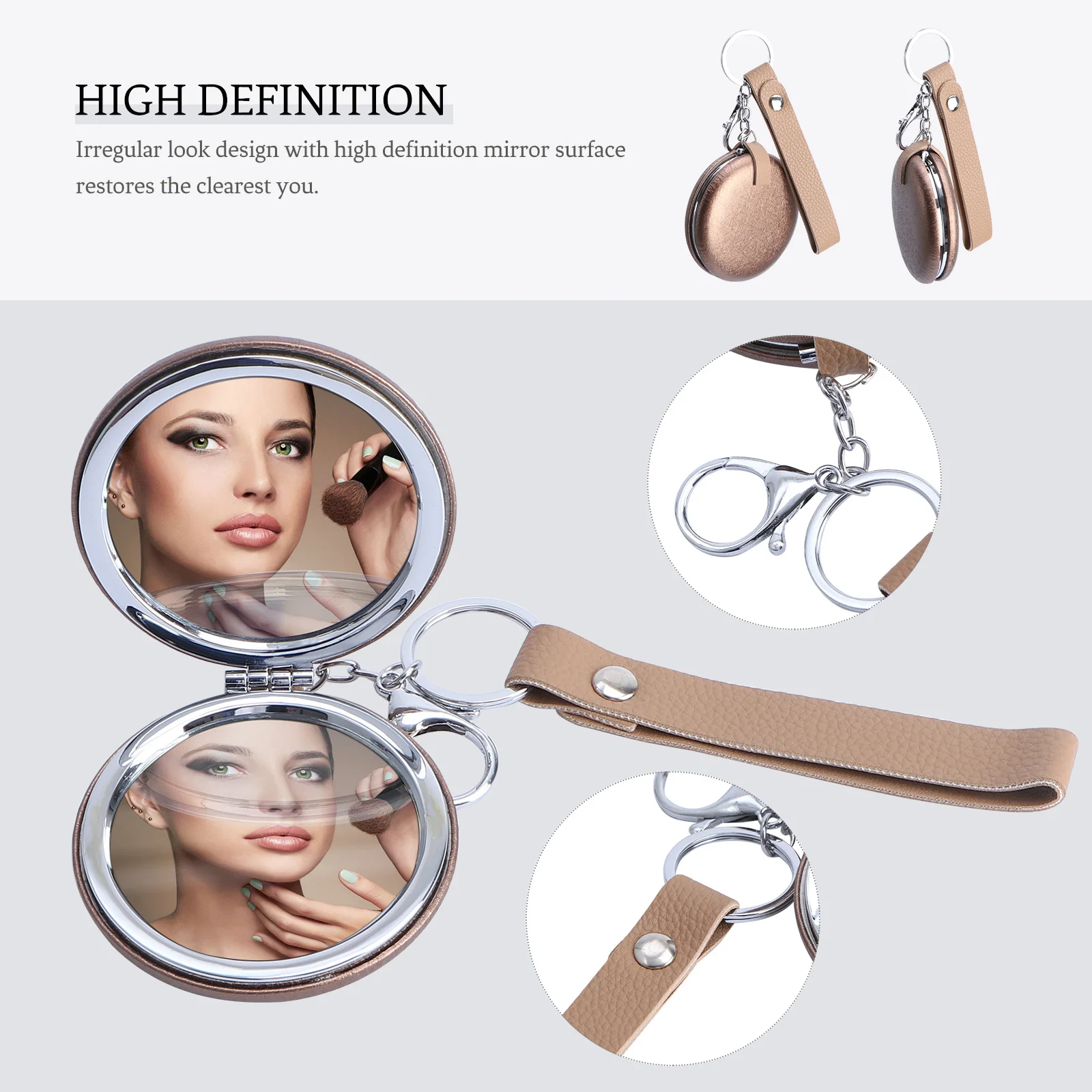 قلادة كيرينغ مرآة صغيرة محمولة عالية الوضوح لمعان مزدوج الجوانب جودة معدنية تصميم رائع مدمج ومتعدد الاستخدامات وأنيق