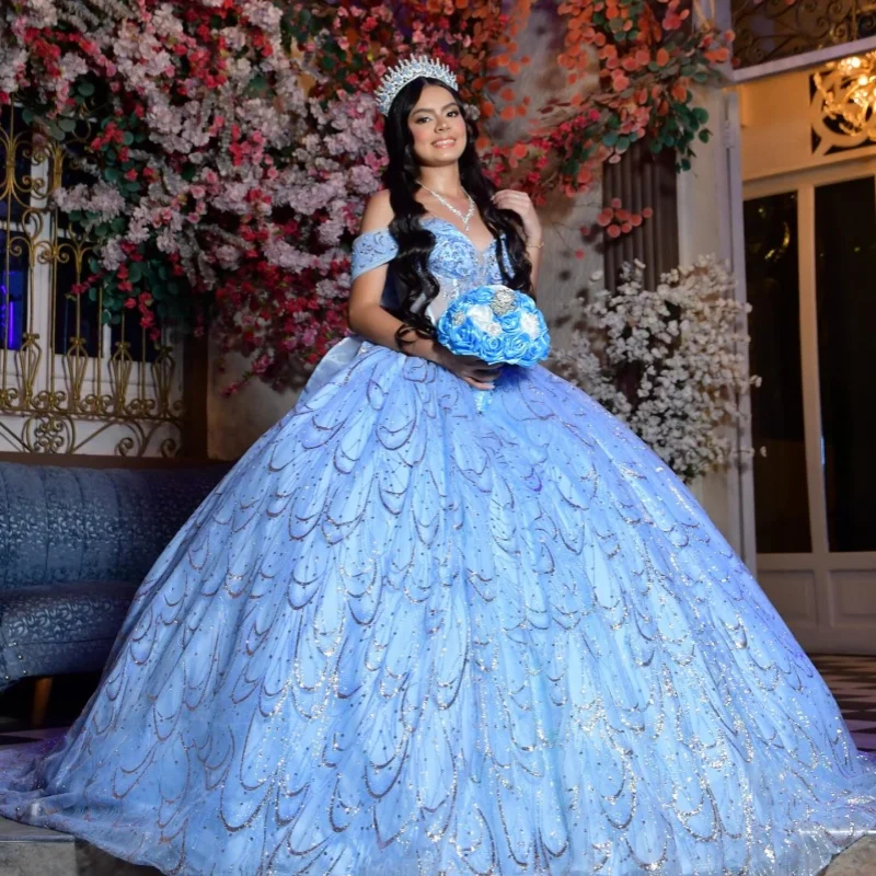 

Shiny Blue Quinceanera Dresses Off the Shoulder Sequins Crystal Decal Long tail Bow Vestidoe 15 Quinceanera Customize