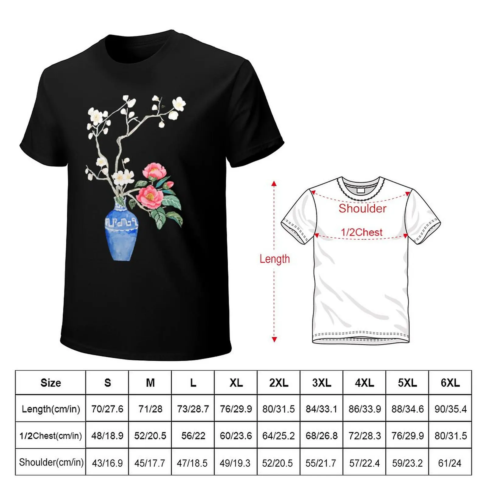 red camellia flower white plum flower in a blue vase T-Shirt graphic t shirt vintage hippie clothes Men's t shirts